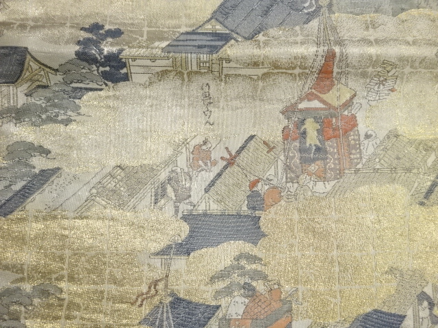  雲取りに城下町・時代人物模様織出し丸帯